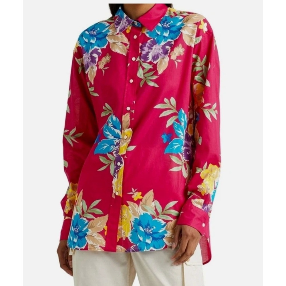 Lauren Ralph Lauren Pink Cotton Voile Tropical Floral Tunic Shirt S NWT $99.50